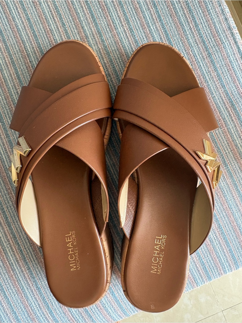 Michael Kors Tan Leather Crisscross Slide Sandals Gold MK Logo Size 6.5